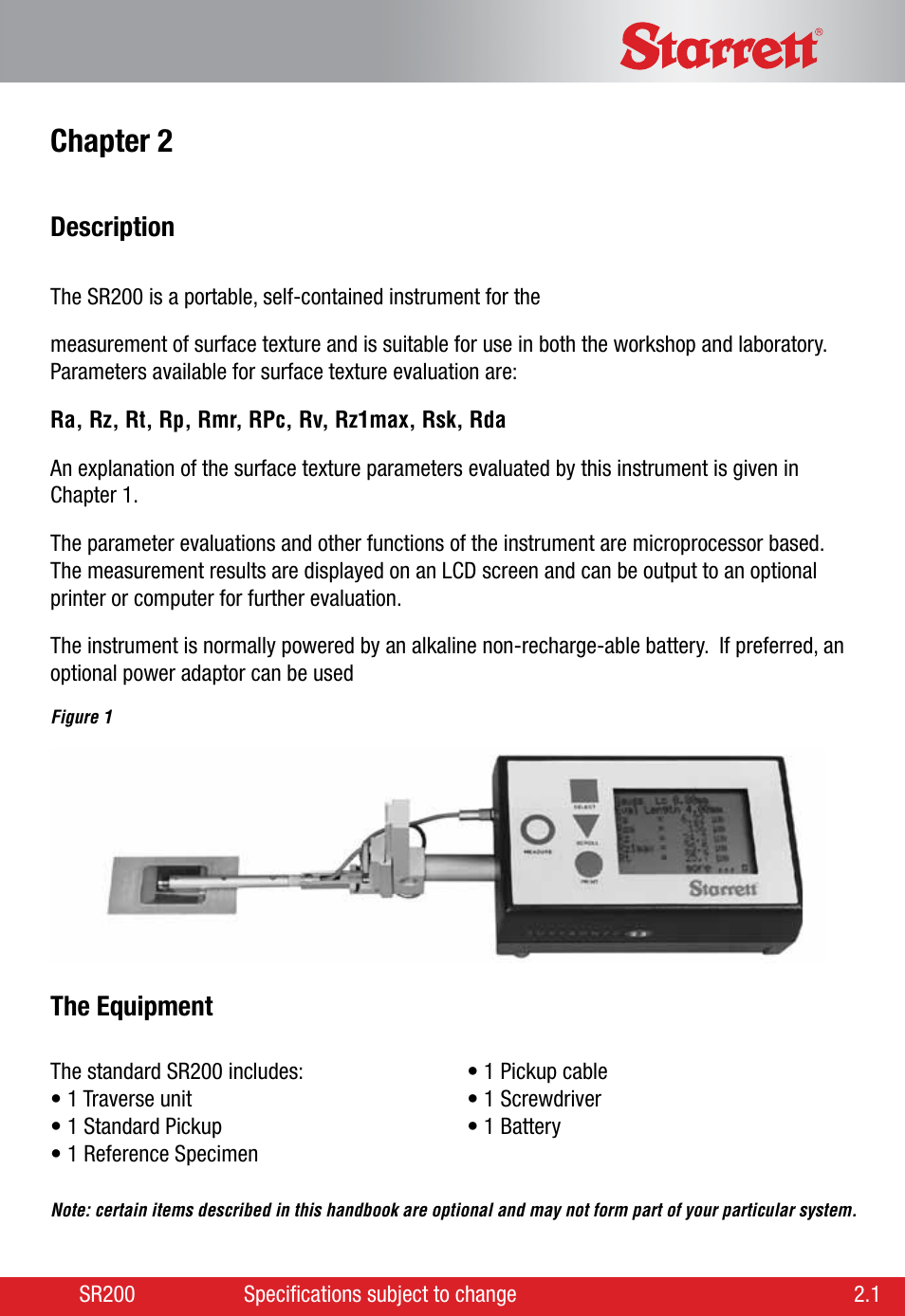 Chapter 2, Description, The equipment | Starrett SR200 Surface Roughness Tester User Manual | Page 7 / 28