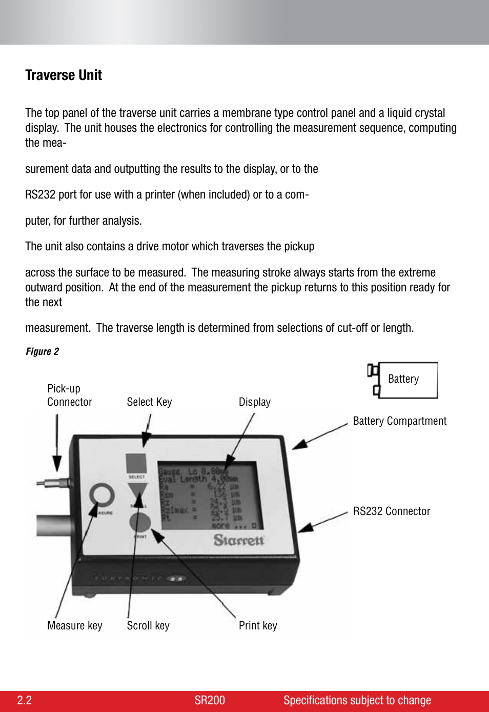 Traverse unit | Starrett SR200 Surface Roughness Tester User Manual | Page 8 / 28