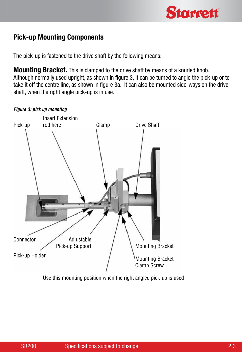 Pick-up mounting components, Mounting bracket | Starrett SR200 Surface Roughness Tester User Manual | Page 9 / 28