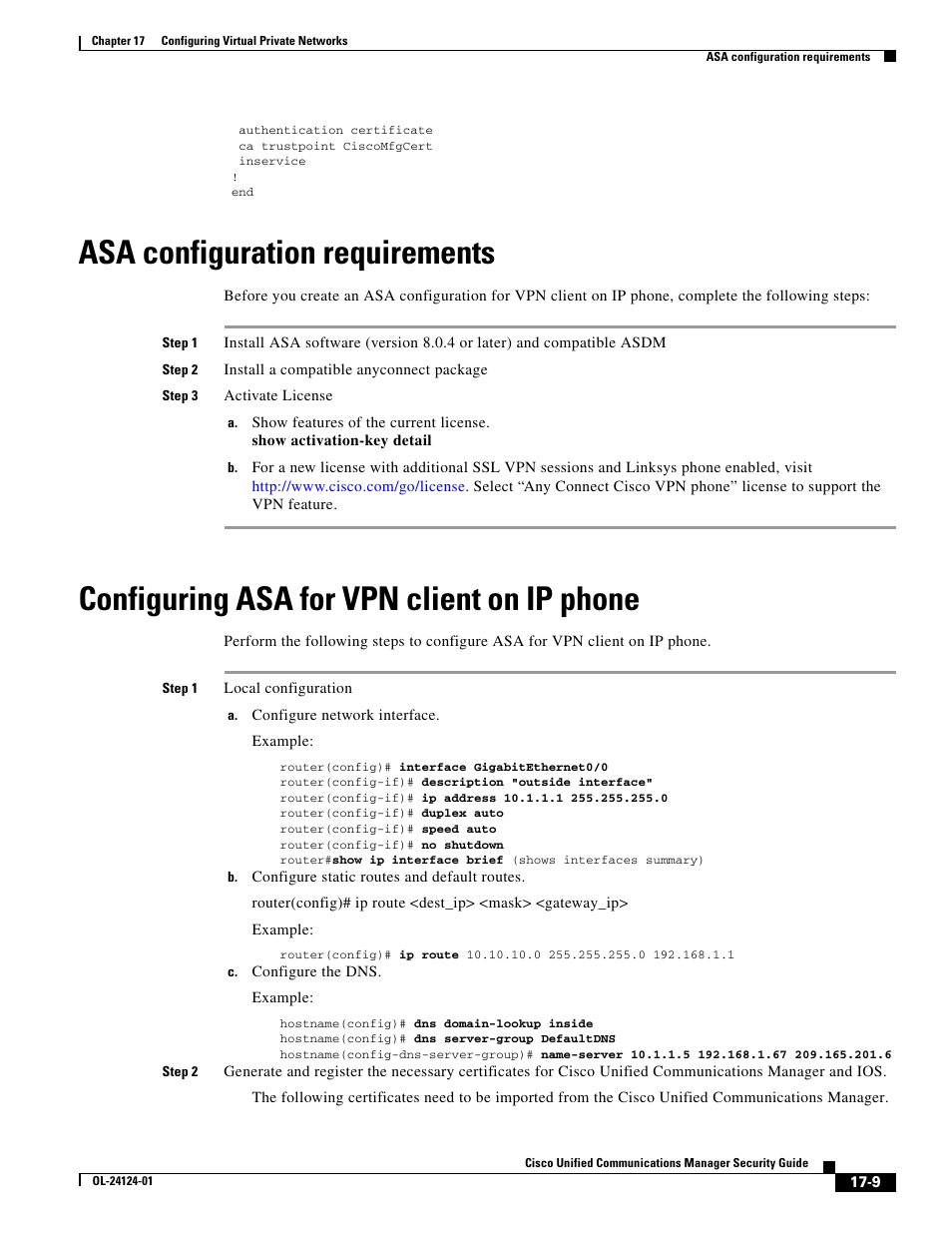 Asa configuration requirements, Configuring asa for vpn client on ip phone | Cisco OL-24124-01 User Manual | Page 9 / 16