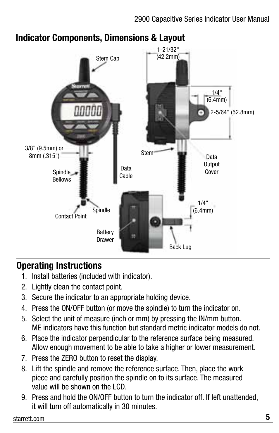 Indicator components, dimensions & layout, Operating instructions | Starrett 2900 Capacitive Electronic Indicator User Manual | Page 5 / 12