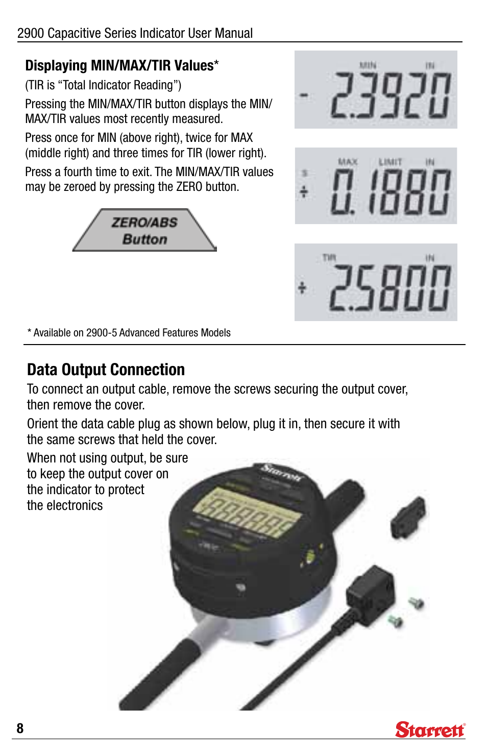 Data output connection | Starrett 2900 Capacitive Electronic Indicator User Manual | Page 8 / 12