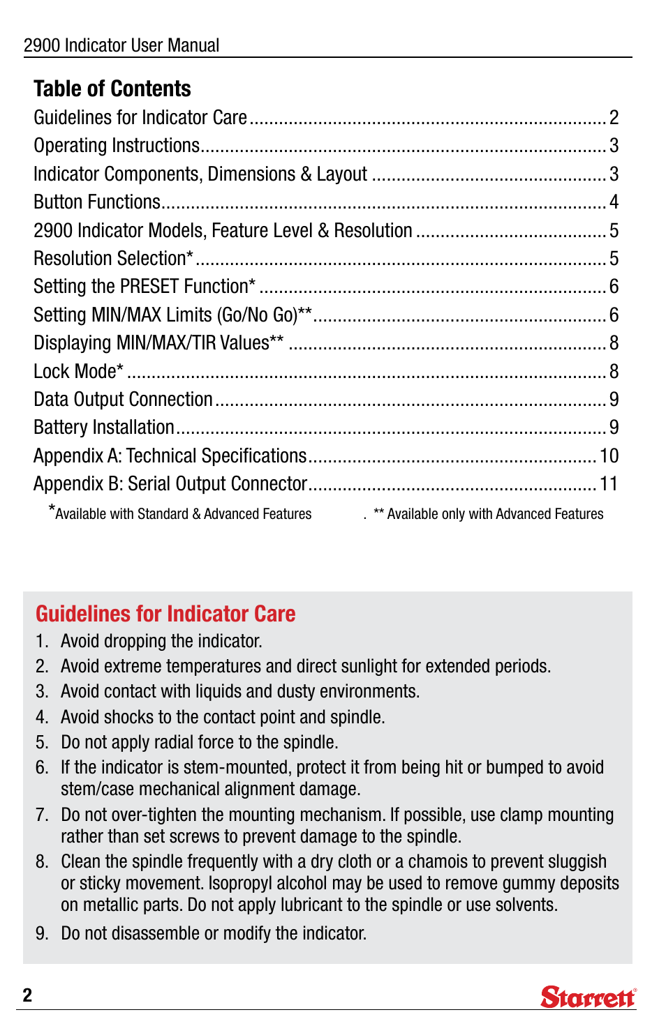 Starrett 2900 Indicator User Manual | Page 2 / 12