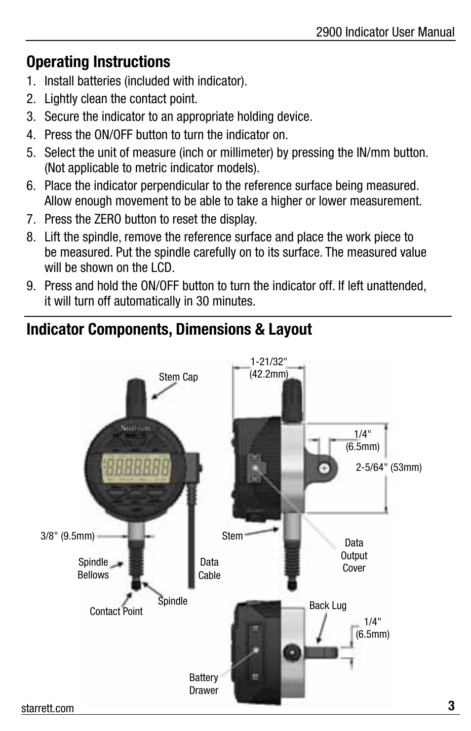 Operating instructions, Indicator components, dimensions & layout | Starrett 2900 Indicator User Manual | Page 3 / 12