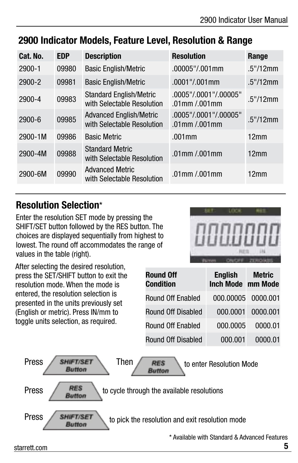 Resolution selection | Starrett 2900 Indicator User Manual | Page 5 / 12