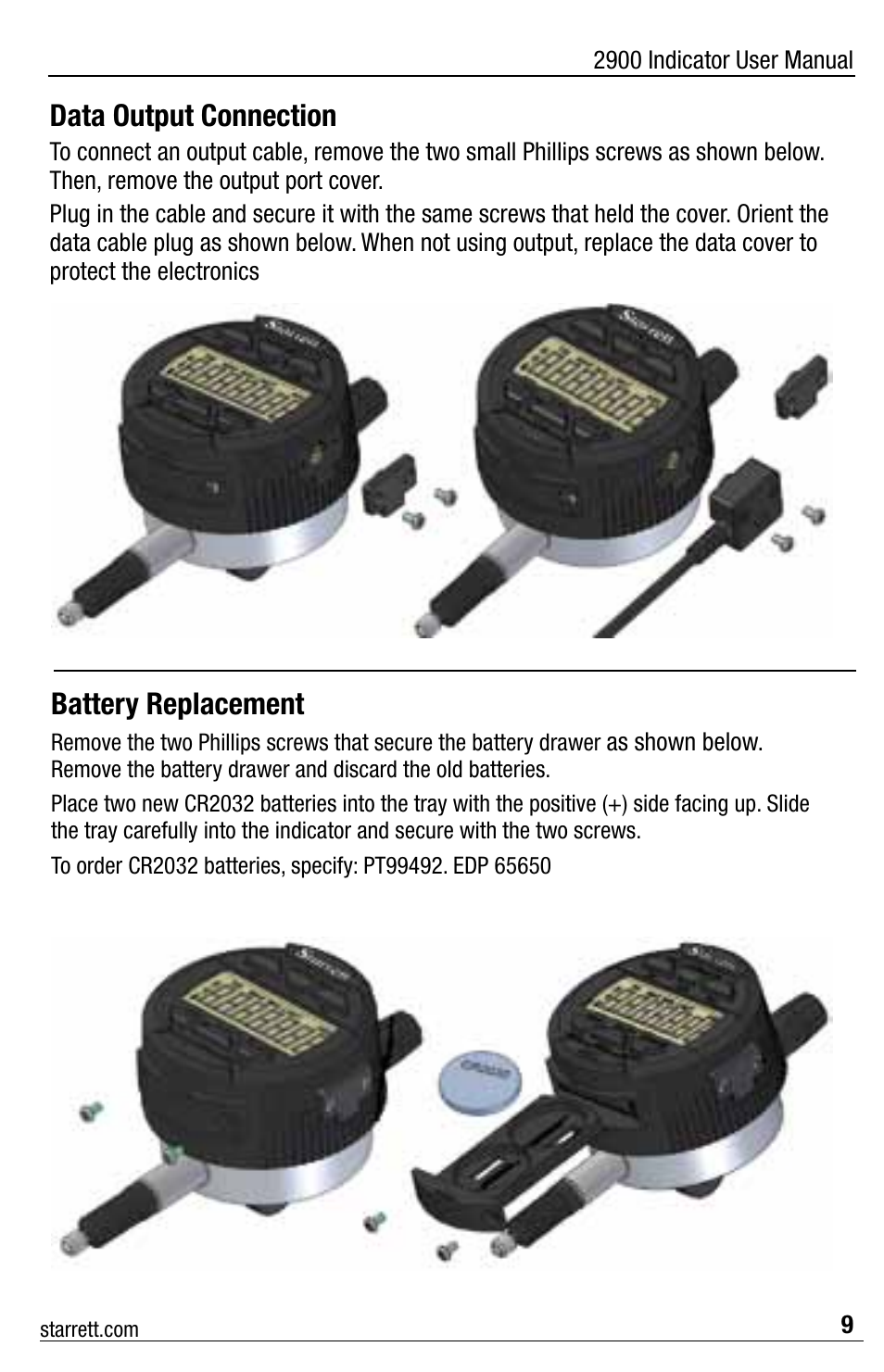 Data output connection, Battery replacement | Starrett 2900 Indicator User Manual | Page 9 / 12