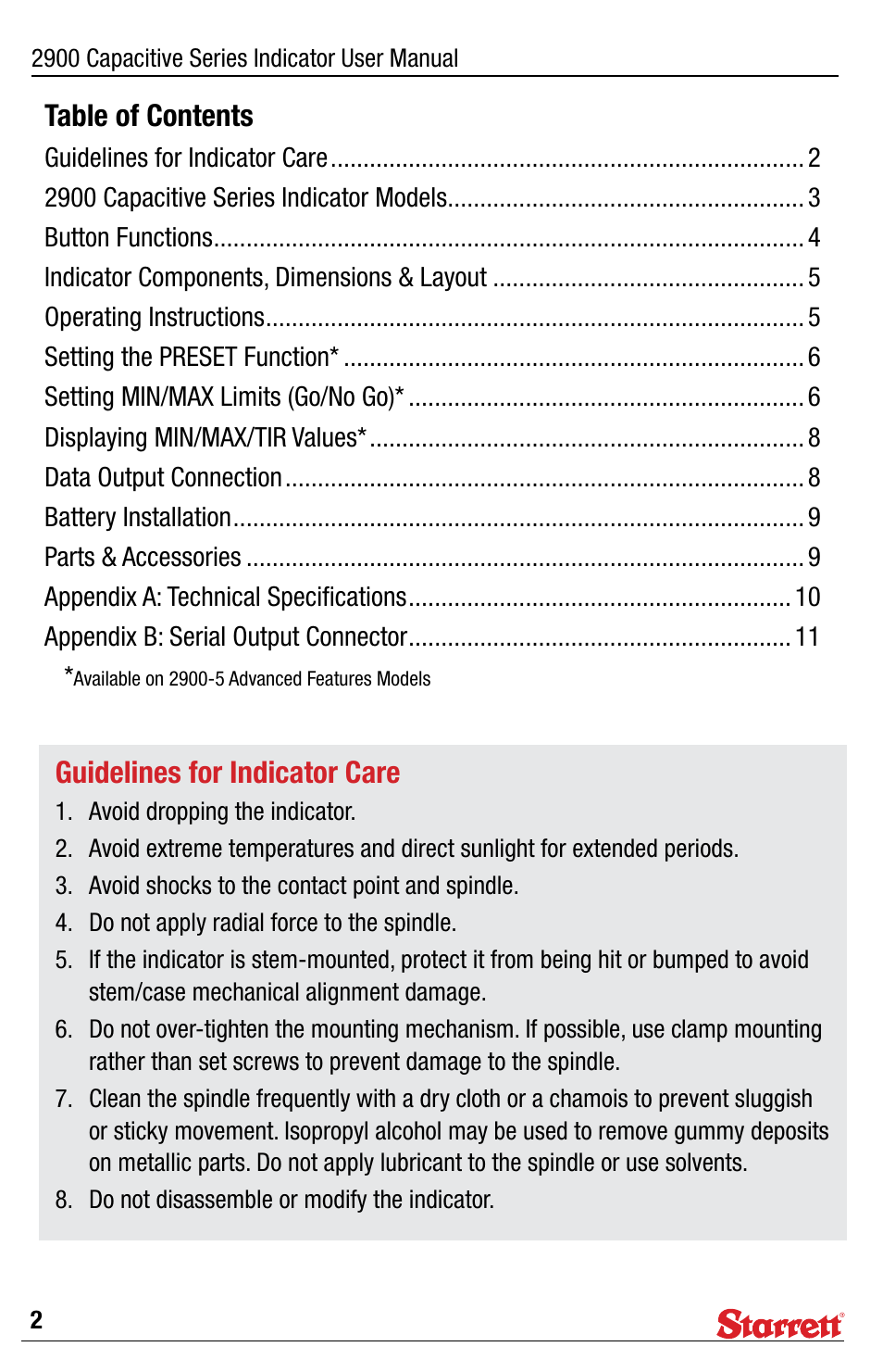 Starrett 2900 Capacitive Indicator User Manual | Page 2 / 12