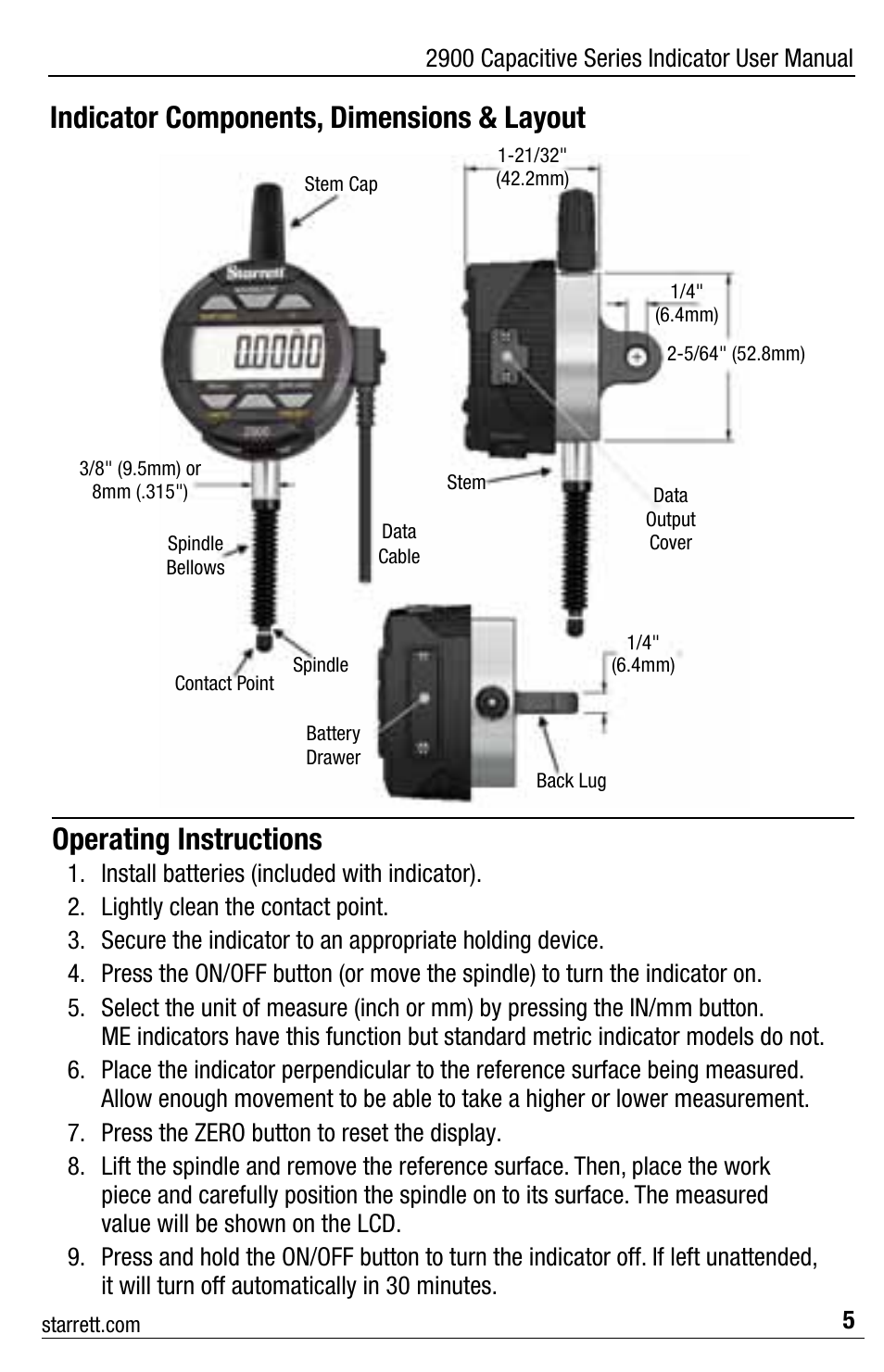 Indicator components, dimensions & layout, Operating instructions | Starrett 2900 Capacitive Indicator User Manual | Page 5 / 12