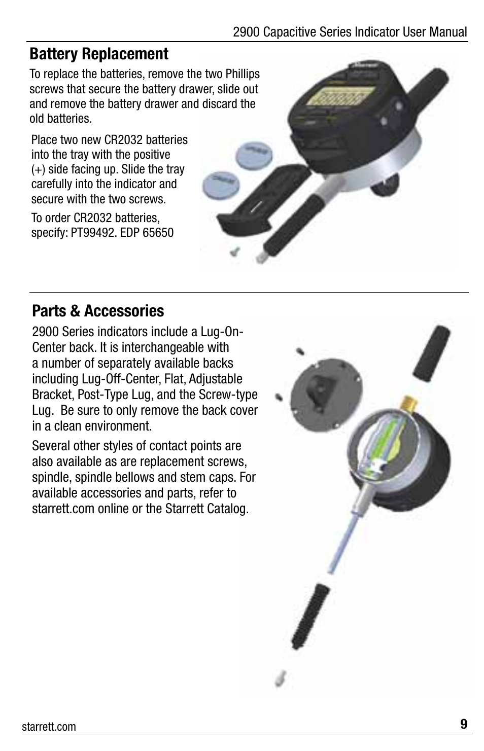Battery replacement, Parts & accessories | Starrett 2900 Capacitive Indicator User Manual | Page 9 / 12