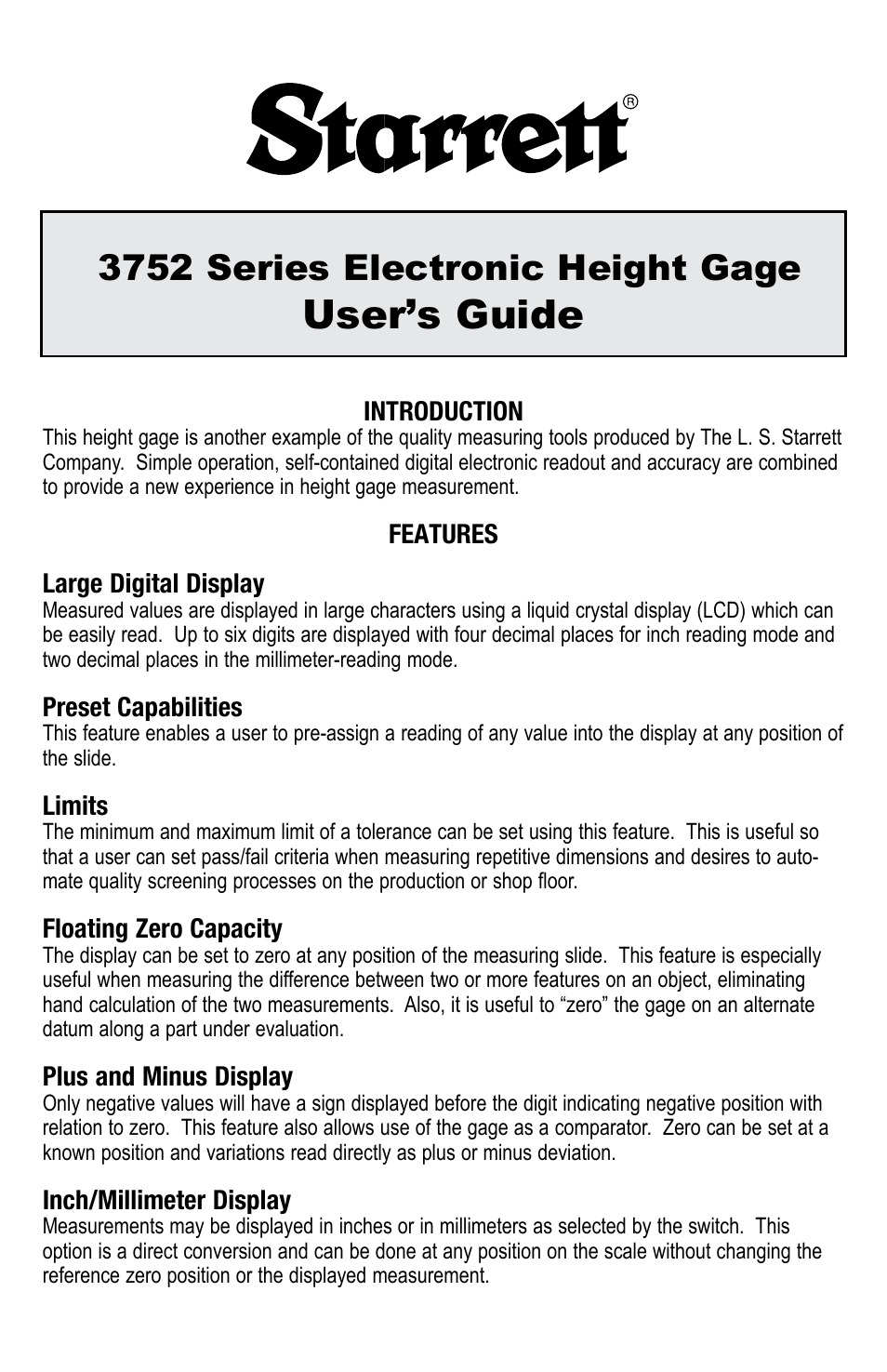 Starrett 3752 Electronic Height Gage User Manual | 28 pages