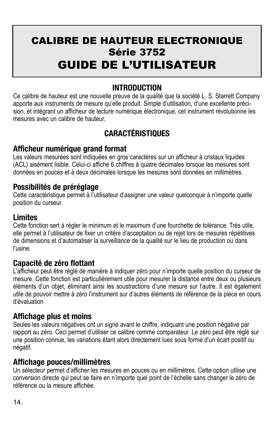 Guide de l’utilisateur, Calibre de hauteur electronique série 3752 | Starrett 3752 Electronic Height Gage User Manual | Page 14 / 28