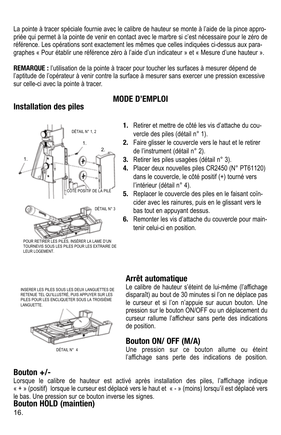 Bouton on/ off (m/a), Bouton, Bouton hold (maintien) | Starrett 3752 Electronic Height Gage User Manual | Page 16 / 28