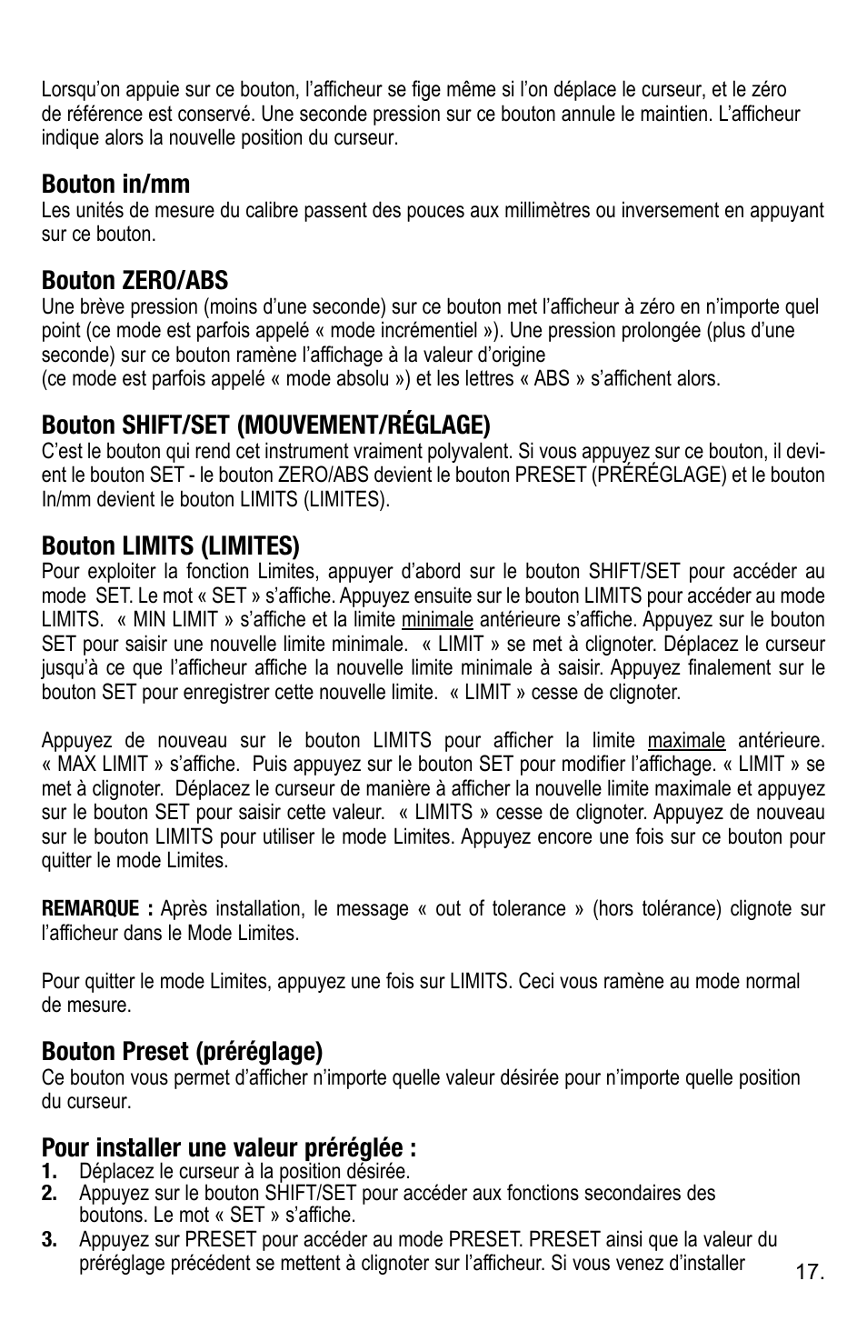 Bouton in/mm, Bouton zero/abs, Bouton shift/set (mouvement/réglage) | Bouton limits (limites), Bouton preset (préréglage), Pour installer une valeur préréglée | Starrett 3752 Electronic Height Gage User Manual | Page 17 / 28
