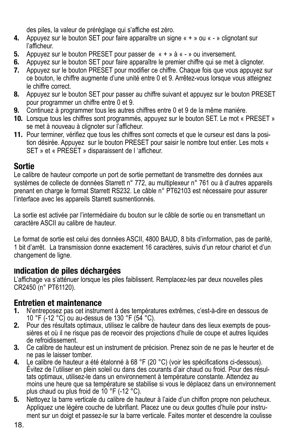 Sortie, Ndication de piles déchargées, Entretien et maintenance | Starrett 3752 Electronic Height Gage User Manual | Page 18 / 28