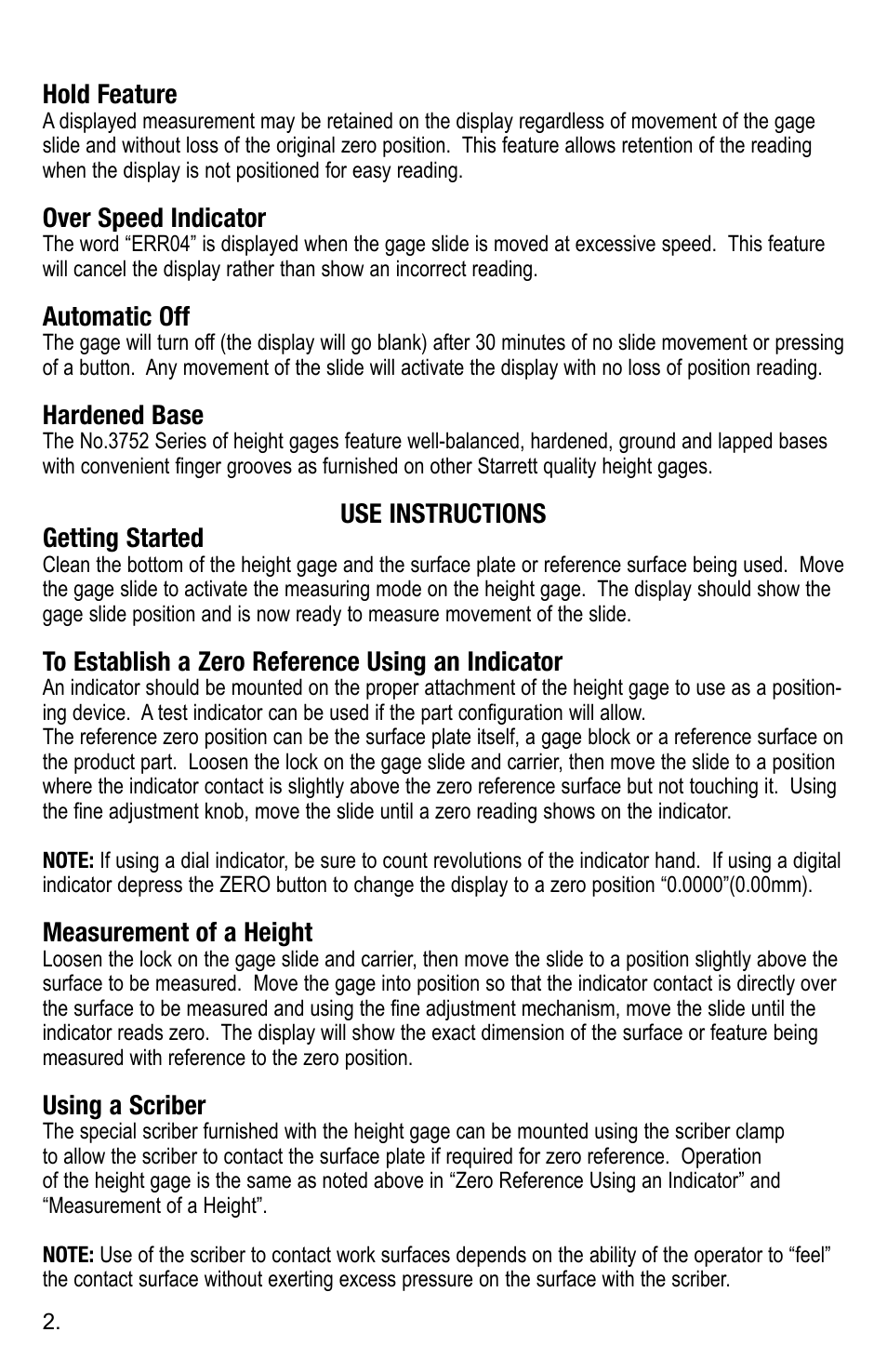 Starrett 3752 Electronic Height Gage User Manual | Page 2 / 28