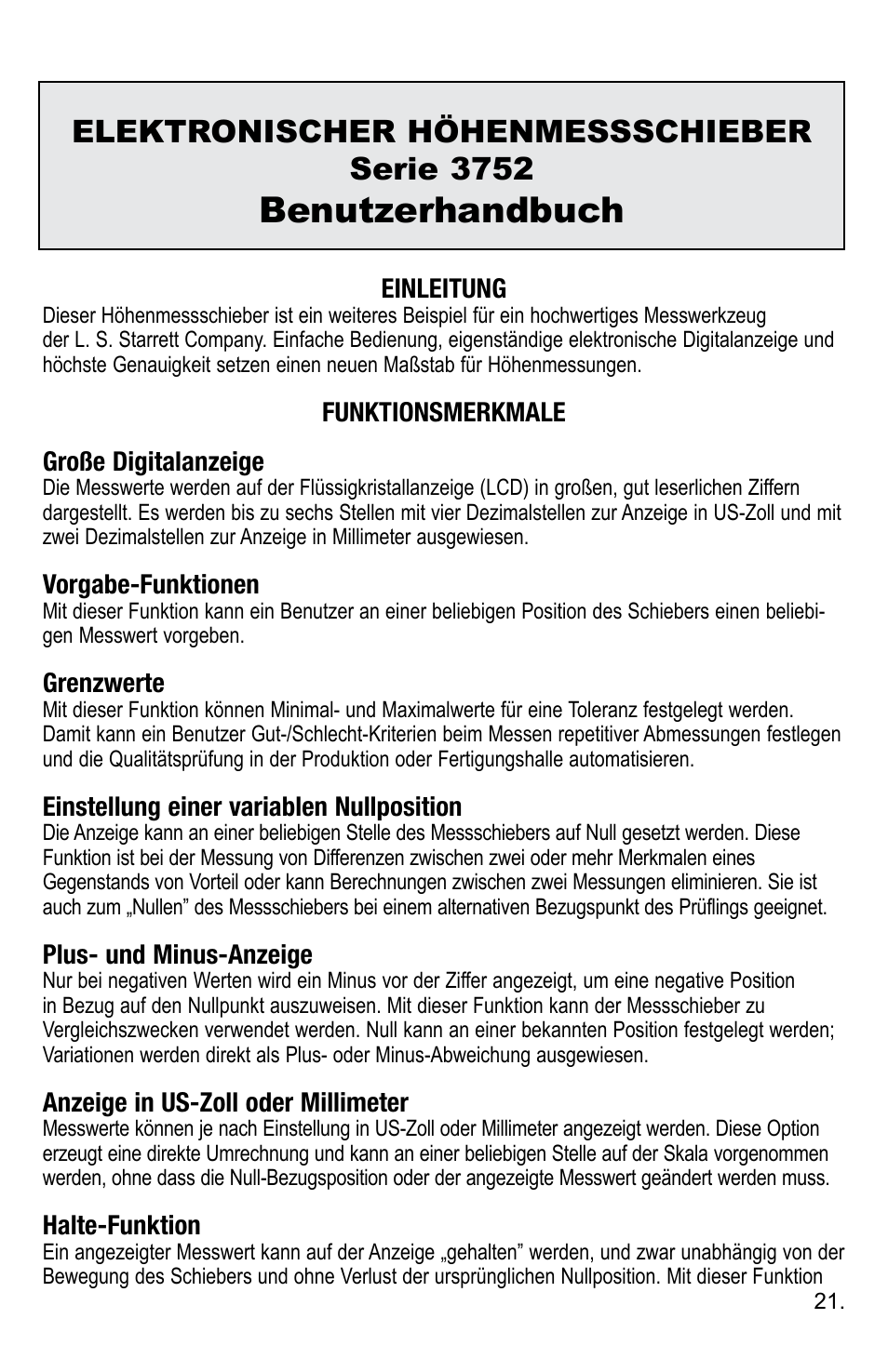 Benutzerhandbuch, Elektronischer höhenmessschieber serie 3752 | Starrett 3752 Electronic Height Gage User Manual | Page 21 / 28