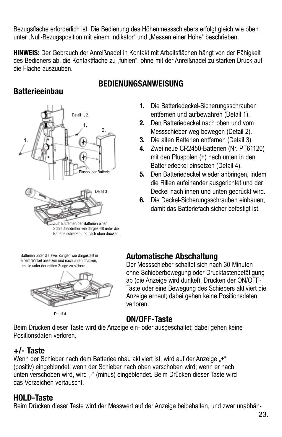 On/off-taste, Taste, Hold-taste | Starrett 3752 Electronic Height Gage User Manual | Page 23 / 28