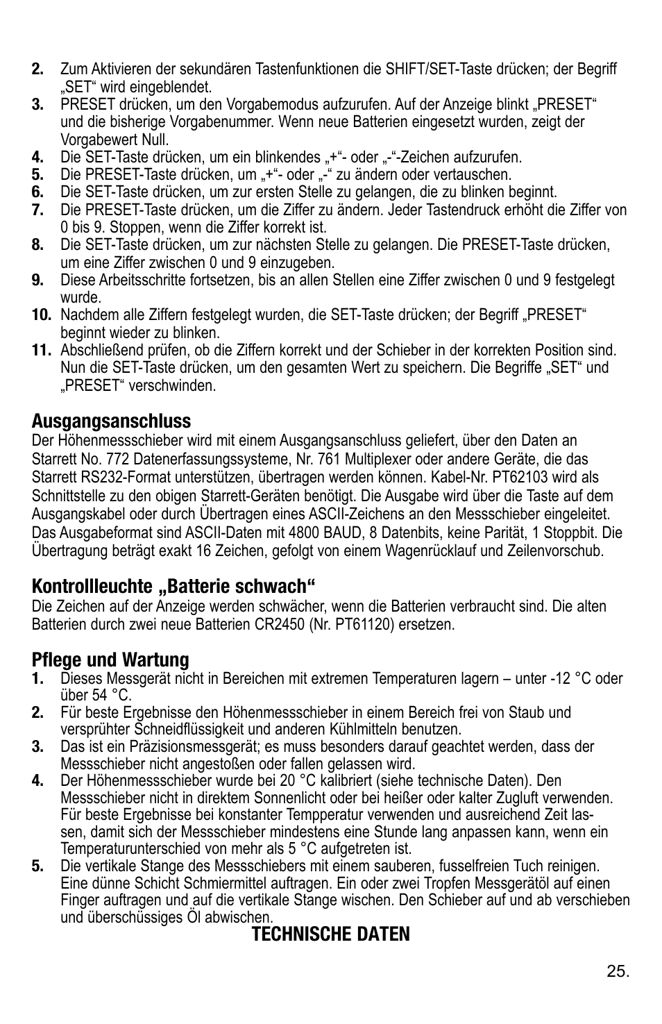Ausgangsanschluss, Kontrollleuchte „batterie schwach, Pflege und wartung | Technische daten | Starrett 3752 Electronic Height Gage User Manual | Page 25 / 28