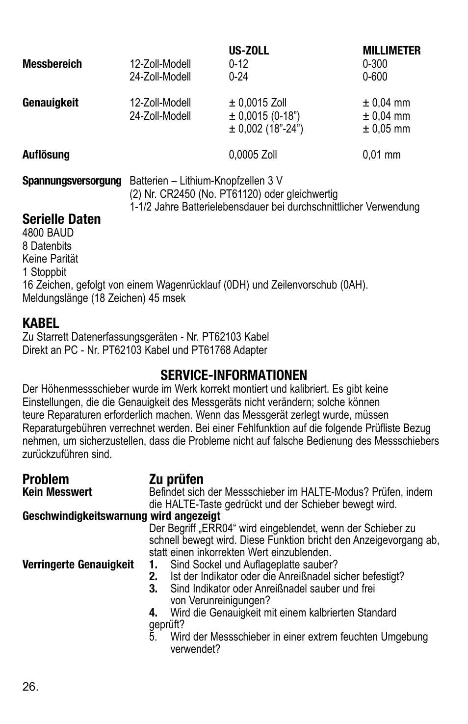Serielle daten, Kabel, Service-informationen | Problem zu prüfen | Starrett 3752 Electronic Height Gage User Manual | Page 26 / 28