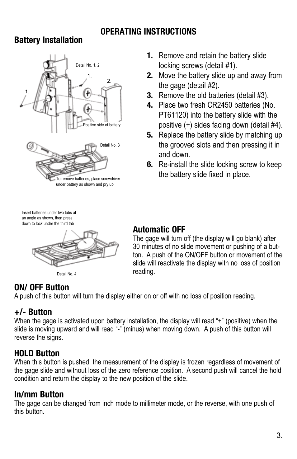 On/ off button, Button, Hold button | In/mm button | Starrett 3752 Electronic Height Gage User Manual | Page 3 / 28