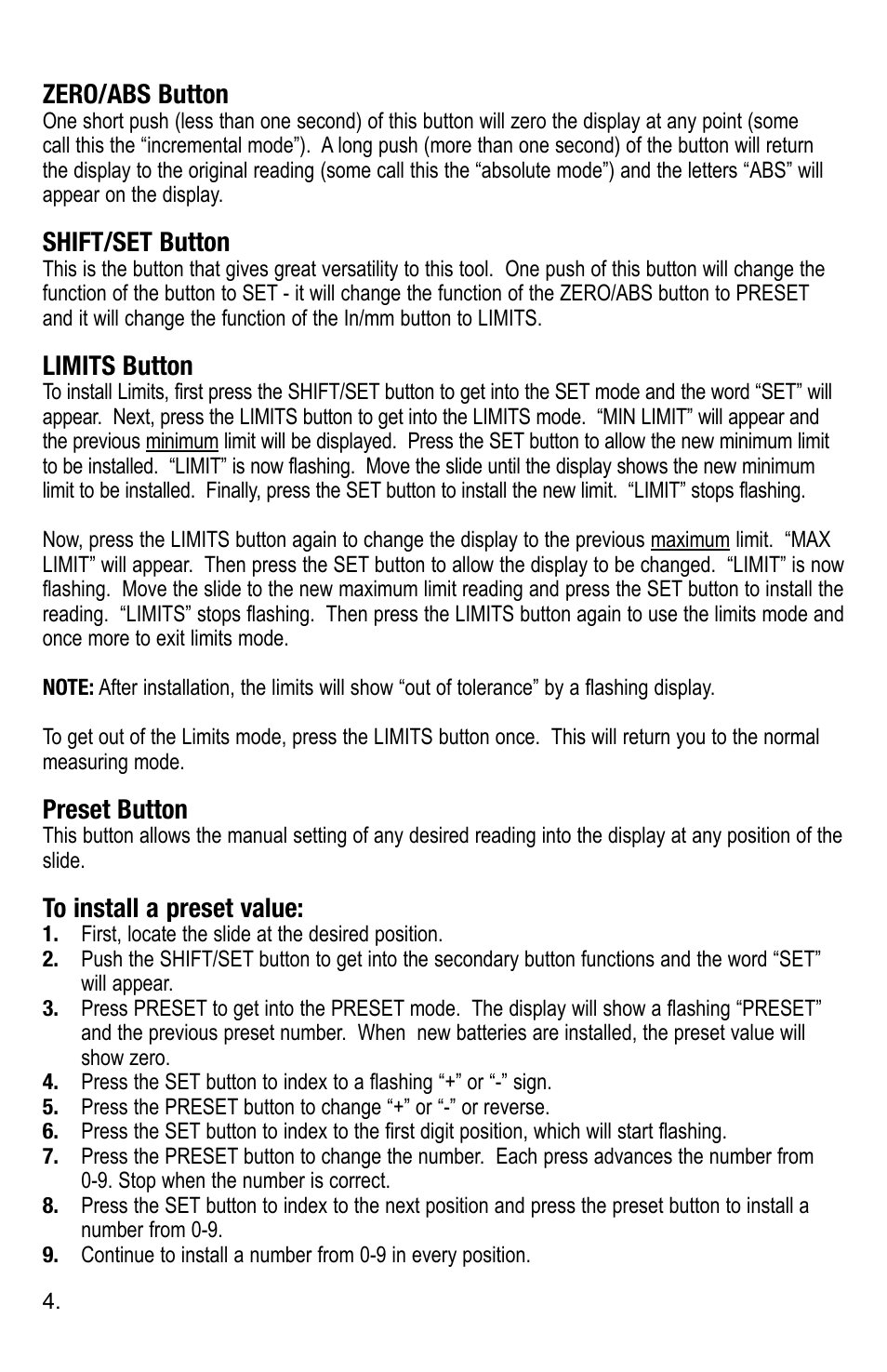 Zero/abs button, Shift/set button, Limits button | Preset button | Starrett 3752 Electronic Height Gage User Manual | Page 4 / 28