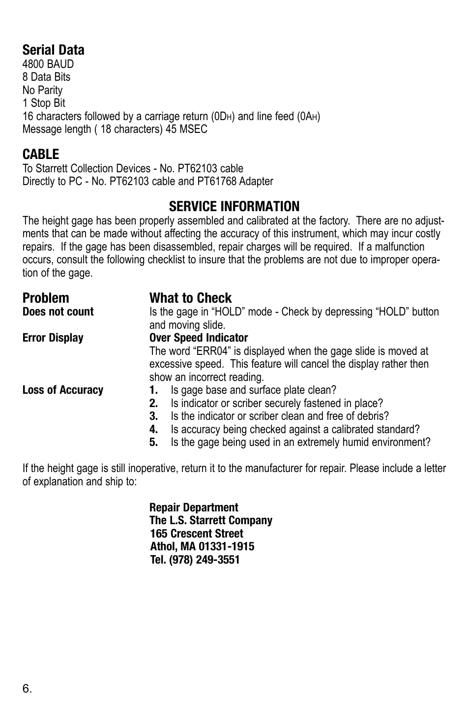 Serial data, Cable, Service information | Problem what to check | Starrett 3752 Electronic Height Gage User Manual | Page 6 / 28