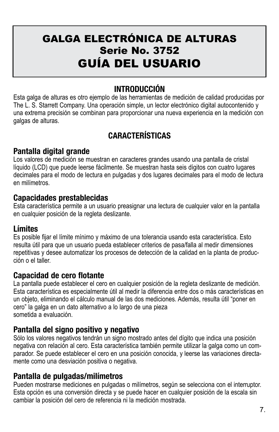 Guía del usuario, Galga electrónica de alturas serie no. 3752 | Starrett 3752 Electronic Height Gage User Manual | Page 7 / 28