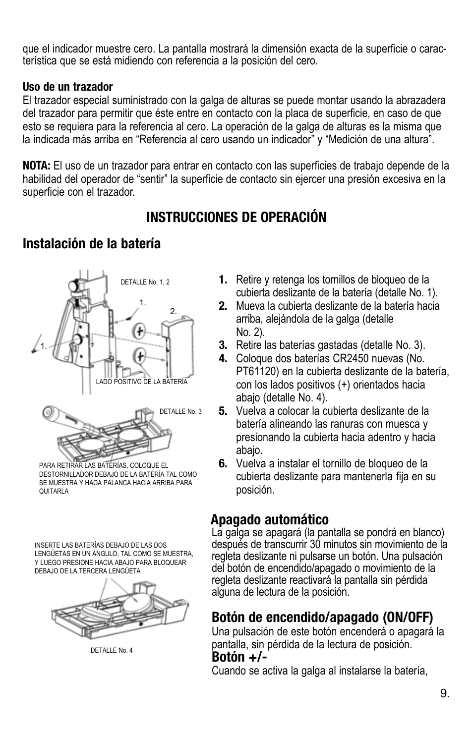 Botón de encendido/apagado (on/off), Botón | Starrett 3752 Electronic Height Gage User Manual | Page 9 / 28