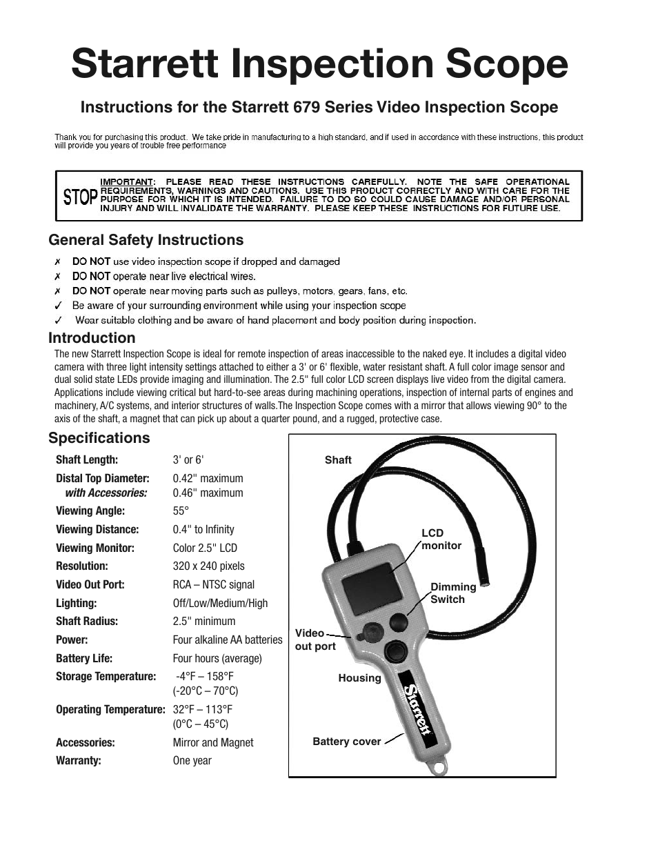 Starrett 679 Video Inspection Scope User Manual | 2 pages