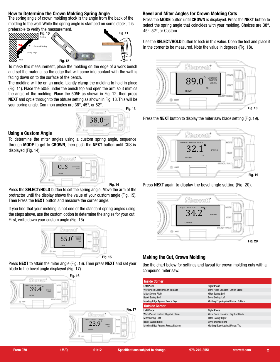 Making the cut, crown molding, Bevel and miter angles for crown molding cuts, Using a custom angle | How to determine the crown molding spring angle | Starrett CP505E-12 Electronic Protractor User Manual | Page 2 / 2