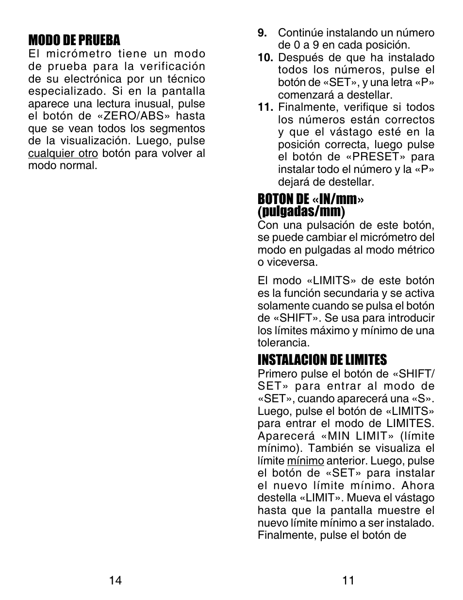Boton de « in/mm » ( pulgadas/mm ), Instalacion de limites, Modo de prueba | Starrett Electronic Digital Micrometer User Manual | Page 11 / 13