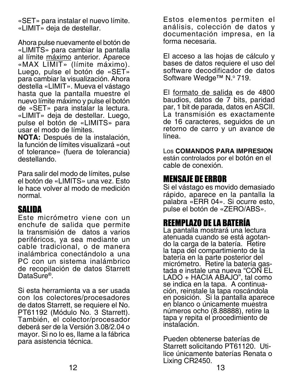 Salida, Mensaje de error, Reemplazo de la batería | Starrett Electronic Digital Micrometer User Manual | Page 12 / 13