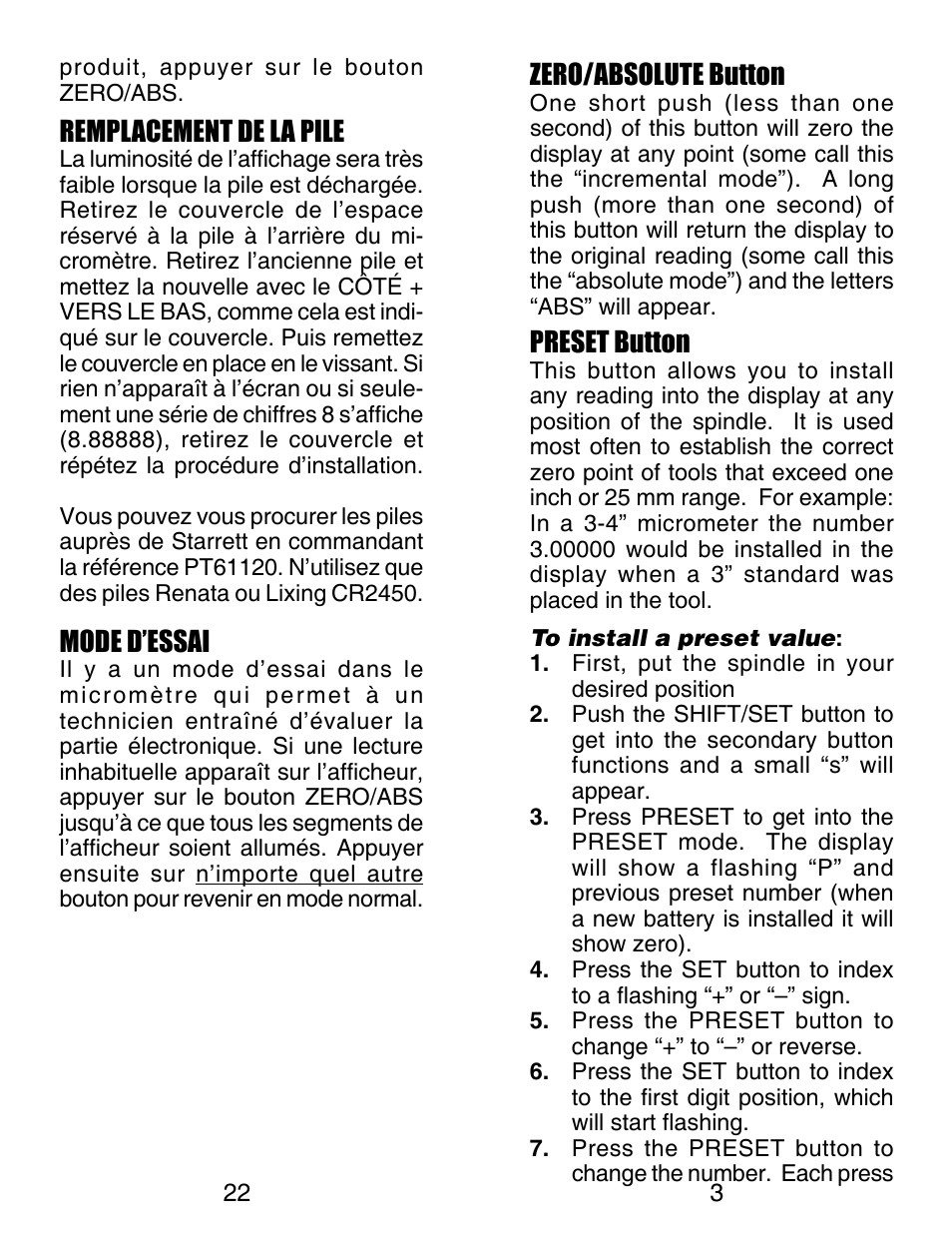 Zero/absolute button, Preset button, Remplacement de la pile | Mode d’essai | Starrett Electronic Digital Micrometer User Manual | Page 3 / 13