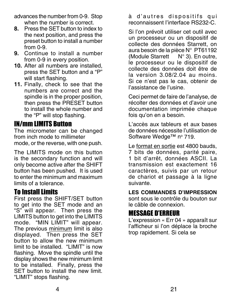 In/mm limits button, Message d’erreur | Starrett Electronic Digital Micrometer User Manual | Page 4 / 13