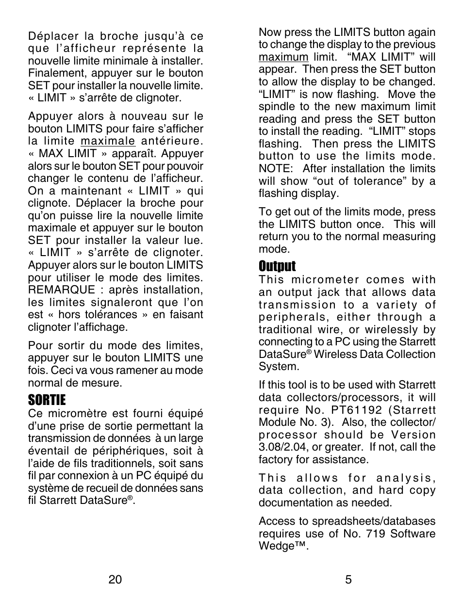 Output, Sortie | Starrett Electronic Digital Micrometer User Manual | Page 5 / 13
