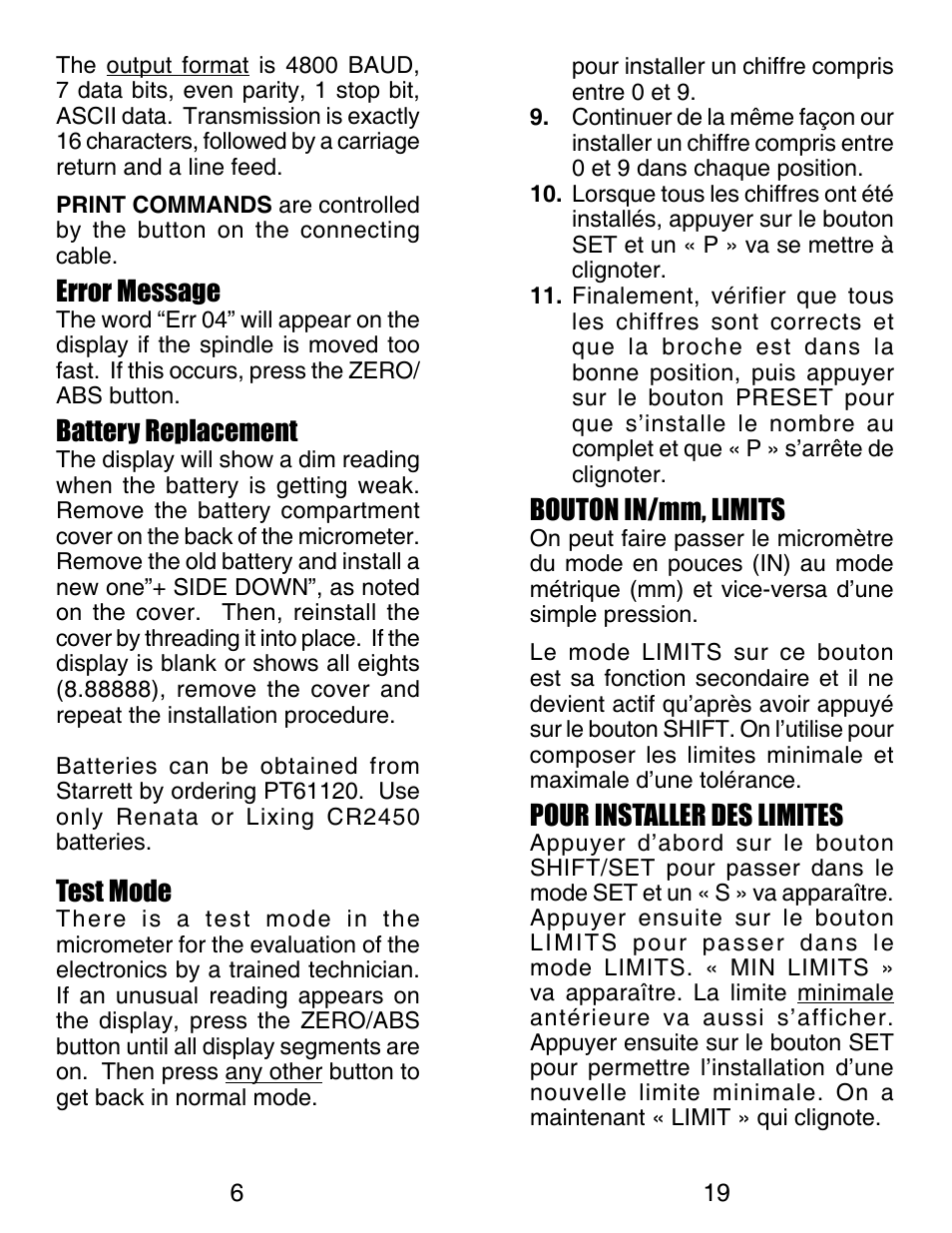 Error message, Battery replacement, Test mode | Bouton in/mm, limits, Pour installer des limites | Starrett Electronic Digital Micrometer User Manual | Page 6 / 13