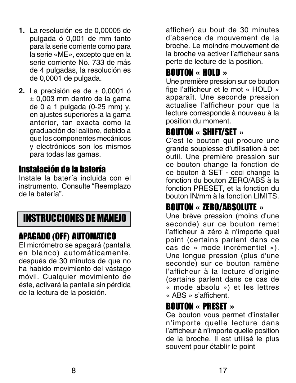Instrucciones de manejo, Instalación de la batería, Apagado ( off ) automatico | Bouton « hold, Bouton « shift/set, Bouton « zero/absolute, Bouton « preset | Starrett Electronic Digital Micrometer User Manual | Page 8 / 13