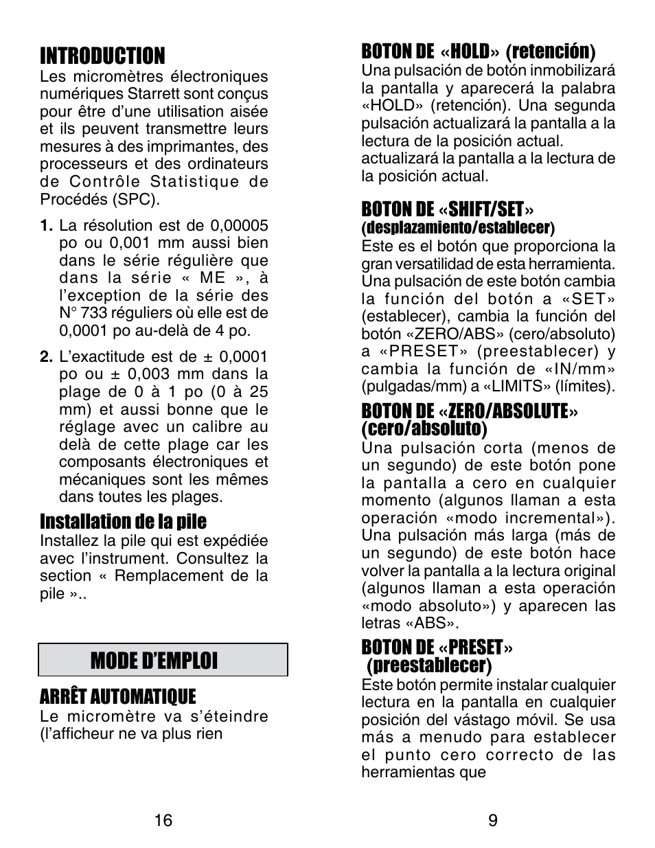 Introduction, Mode d’emploi, Installation de la pile | Arrêt automatique, Boton de « hold » ( retención ), Boton de « shift/set, Boton de « zero/absolute » ( cero/absoluto ), Boton de « preset » ( preestablecer ) | Starrett Electronic Digital Micrometer User Manual | Page 9 / 13