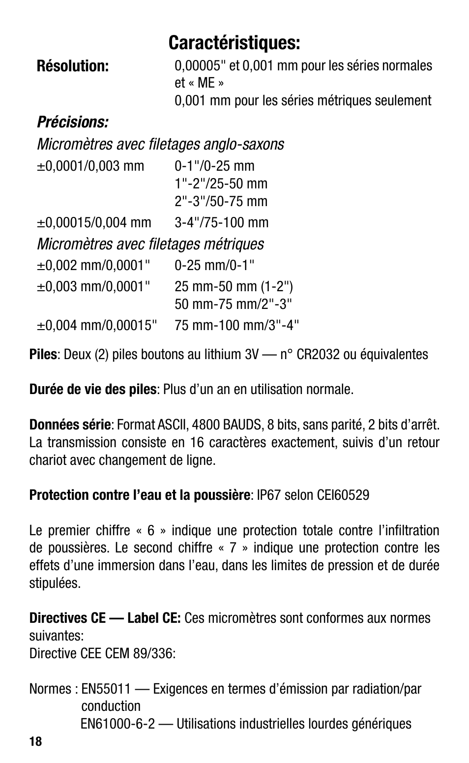 Caractéristiques | Starrett Electronic IP67 Micrometers User Manual | Page 18 / 25