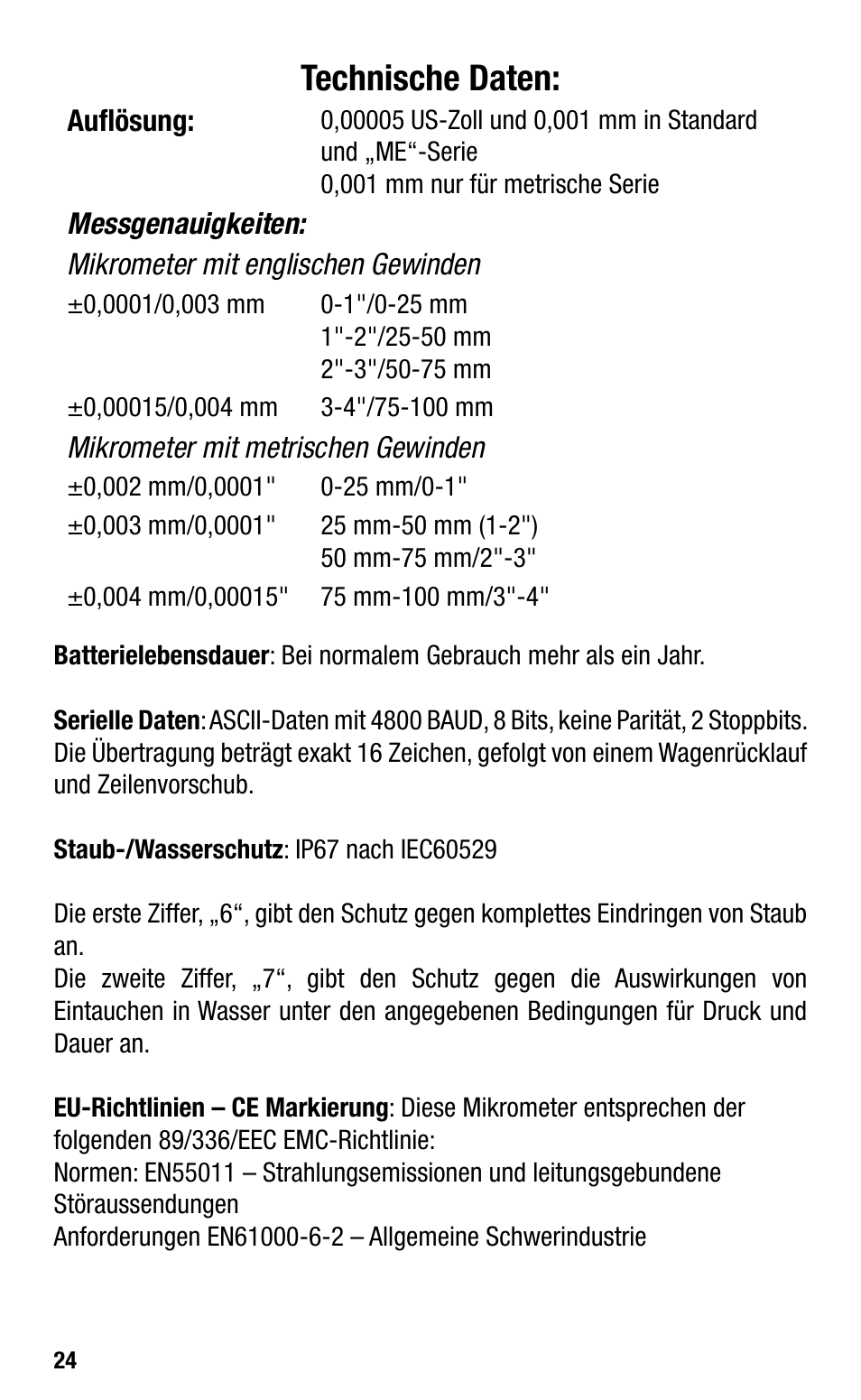 Technische daten | Starrett Electronic IP67 Micrometers User Manual | Page 24 / 25