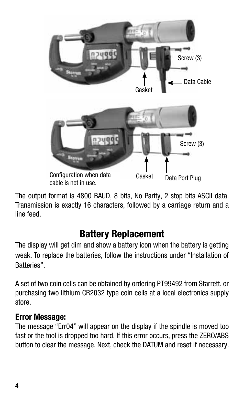 Battery replacement, Error message | Starrett Electronic IP67 Micrometers User Manual | Page 4 / 25