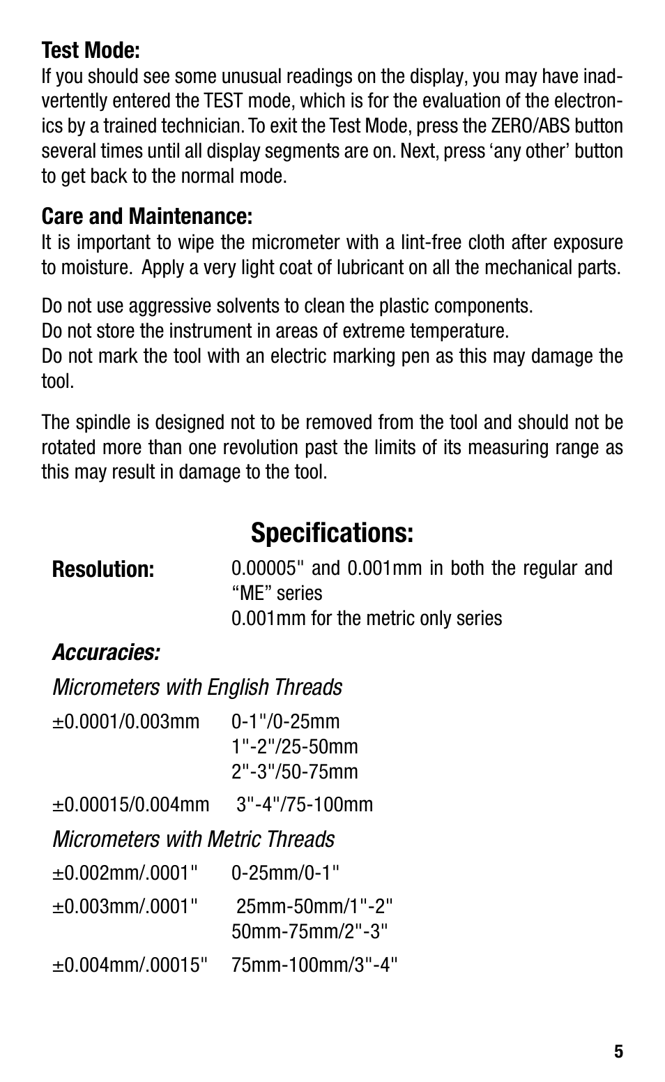 Specifications | Starrett Electronic IP67 Micrometers User Manual | Page 5 / 25