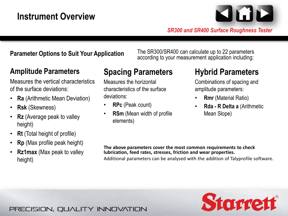 Instrument overview, Spacing parameters, Hybrid parameters | Amplitude parameters | Starrett SR400 Surface Roughness Tester User Manual | Page 11 / 78