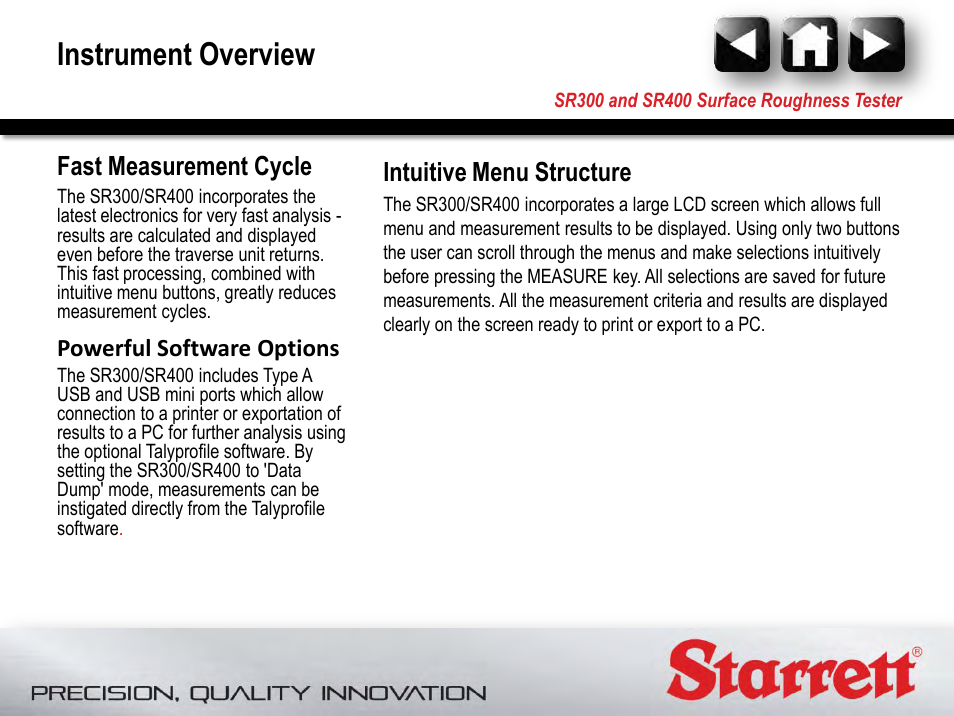 Instrument overview, Intuitive menu structure, Fast measurement cycle | Powerful software options | Starrett SR400 Surface Roughness Tester User Manual | Page 12 / 78