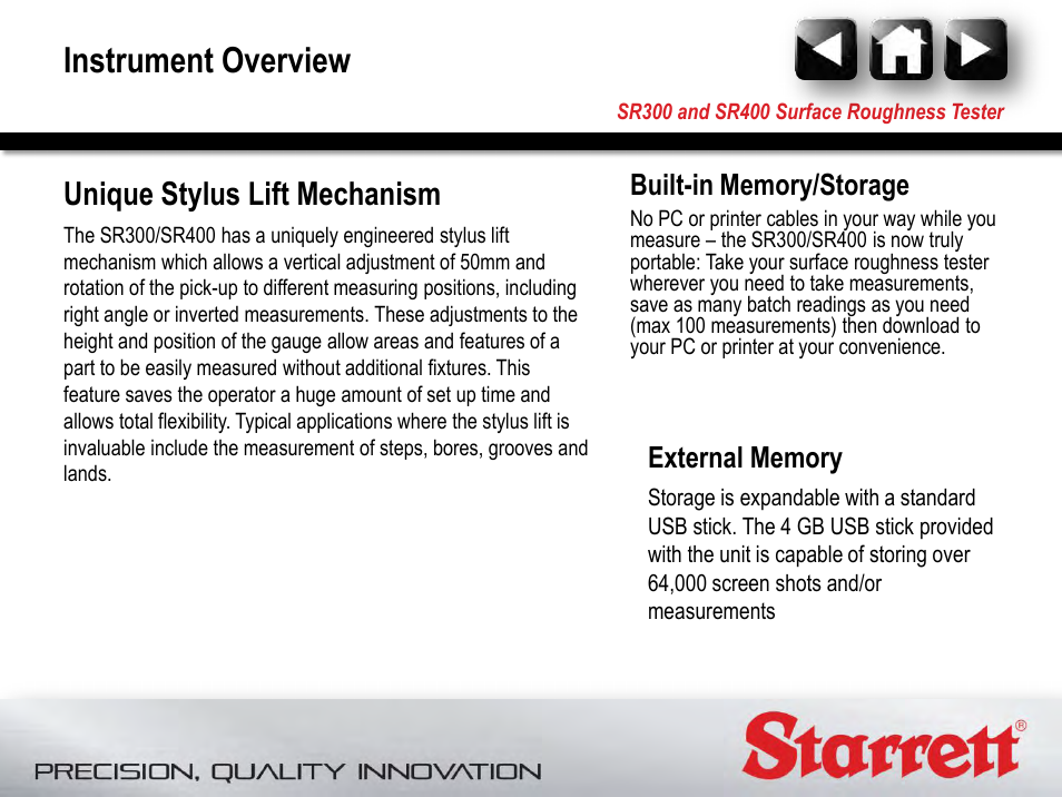 Instrument overview, Unique stylus lift mechanism | Starrett SR400 Surface Roughness Tester User Manual | Page 13 / 78