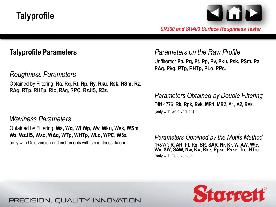 Talyprofile, Talyprofile parameters roughness parameters, Waviness parameters | Parameters on the raw profile, Parameters obtained by double filtering | Starrett SR400 Surface Roughness Tester User Manual | Page 23 / 78