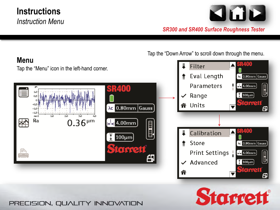 Menu, Instructions | Starrett SR400 Surface Roughness Tester User Manual | Page 43 / 78