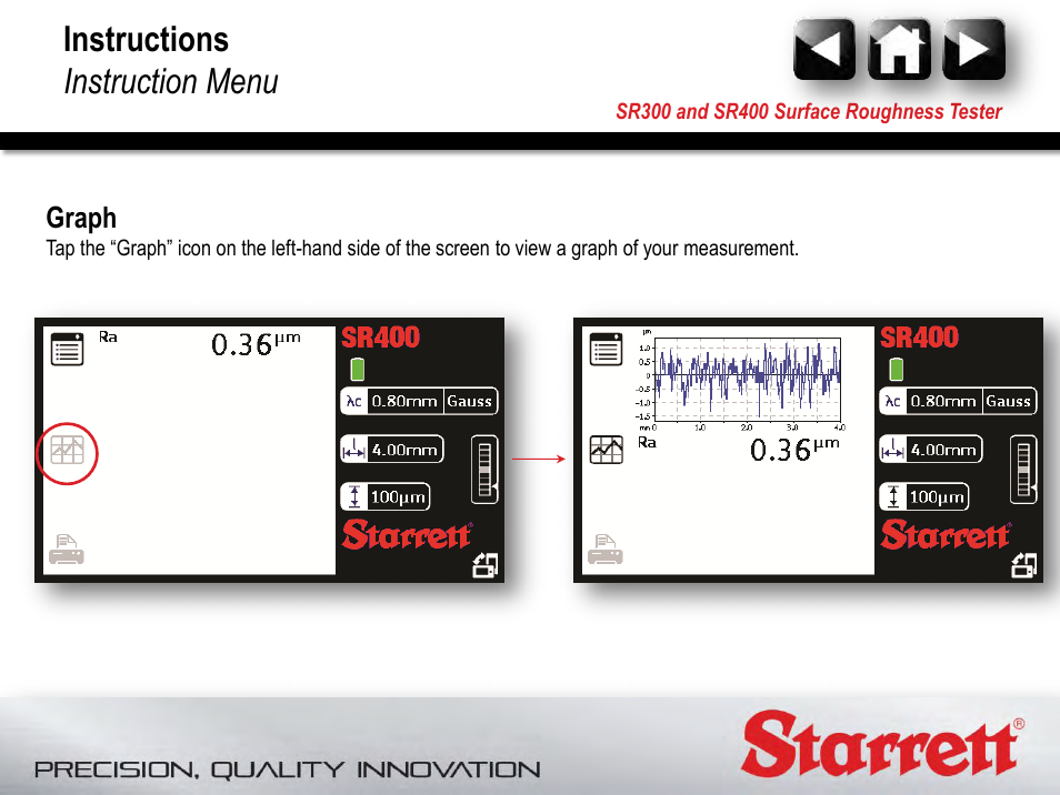 Graph, Instructions instruction menu | Starrett SR400 Surface Roughness Tester User Manual | Page 45 / 78