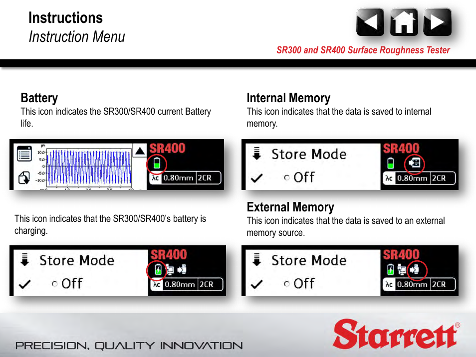 Internal memory, External memory, Battery | Instructions instruction menu | Starrett SR400 Surface Roughness Tester User Manual | Page 46 / 78