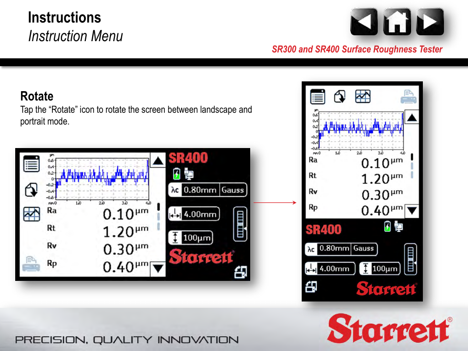 Rotate, Instructions instruction menu | Starrett SR400 Surface Roughness Tester User Manual | Page 47 / 78